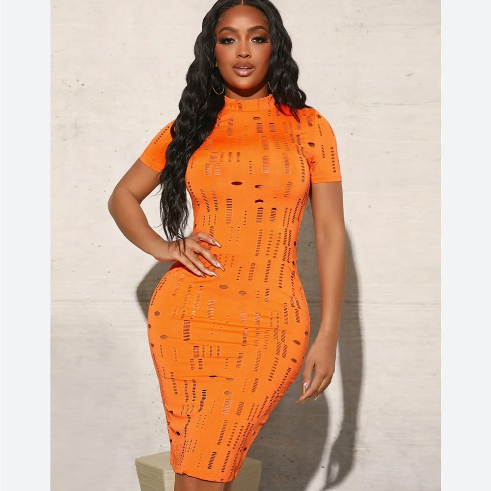 Orange Ripped Stand Collar Bodycon Dress